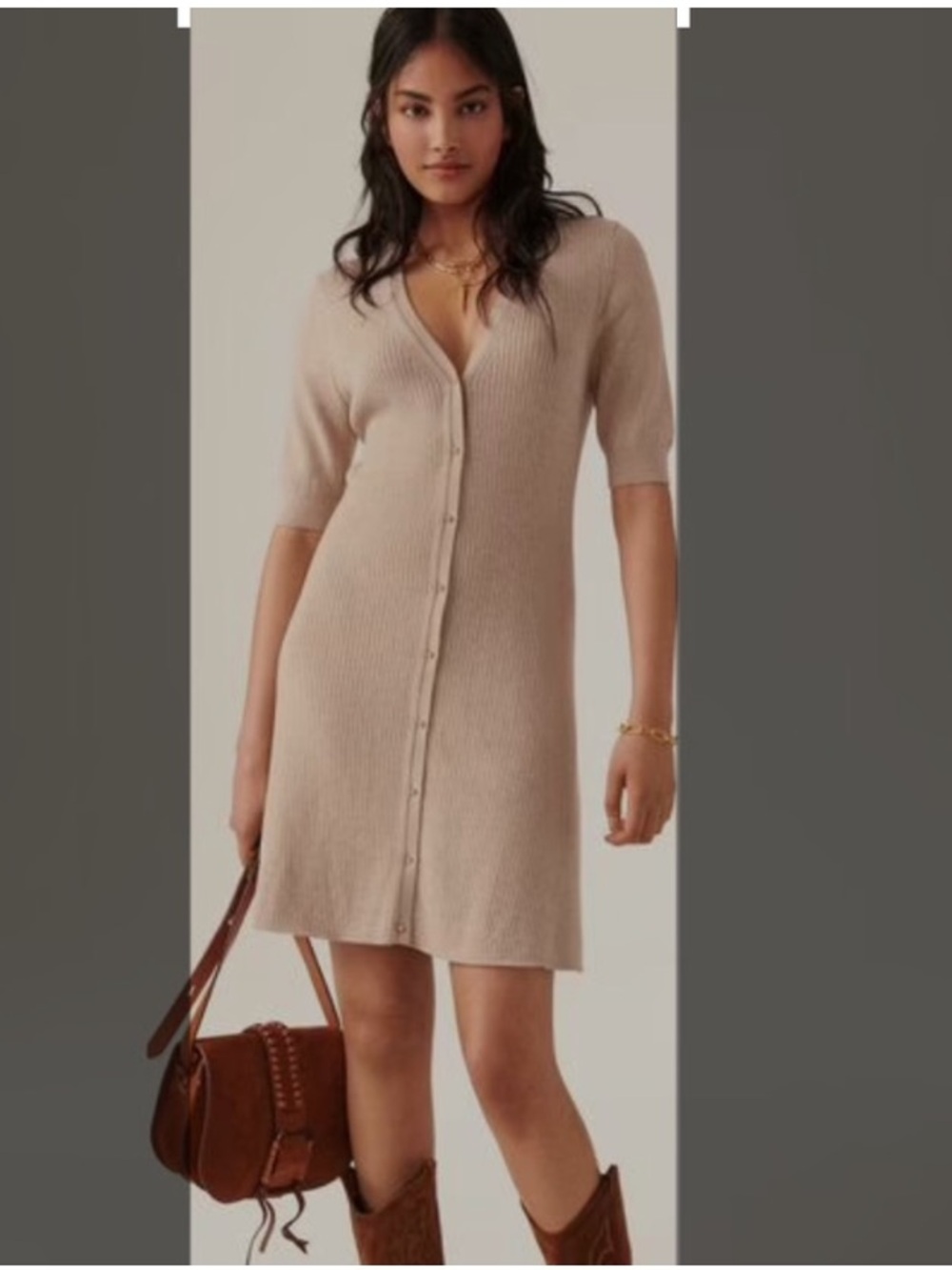 ba&sh Kalo Dress Beige Ribbed Knit Button Front Silk Blend Size Small